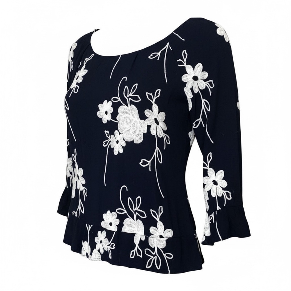 Forgotten Grace light and airy navy blue boho off the shoulders top w em… - Picture 1 of 12